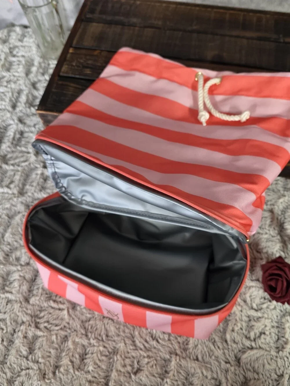 Victoria's Secret Pink Striped Cooler Backpack Drawstring Bag Beach Gym or Work